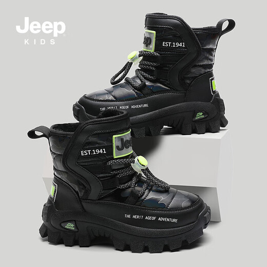JEEP Jeep children's snow boots winter plus velvet thickened large cotton cotton shoes boys autumn and winter Martin boots black 35