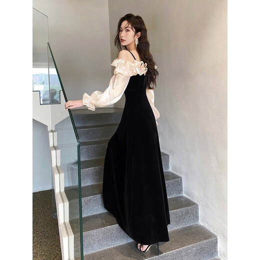 Vestido de noche de banquete de carpintero de carpintería de un hambre de otoño e invierno anfitrión de oro de terciopelo dibujado negro para adultos negro m rojo