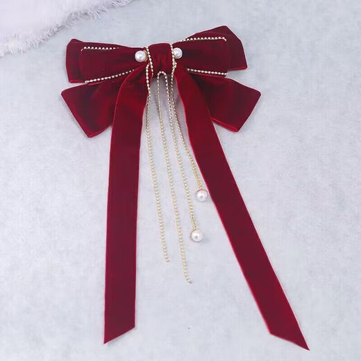 Meng Junchen Chinese style bridal toast dress wedding burgundy bow headdress velvet hairpin female festive velvet hairpin hairpin pearl long pendant velvet butterfly