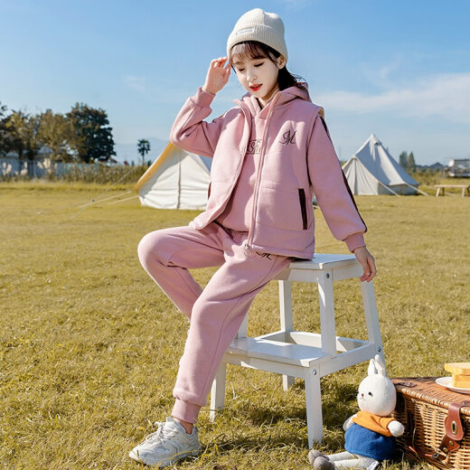G.DUCKKIDS小黄鸭童装女童套装冬装加厚马甲儿童衣服女孩加绒卫衣中大童裤子 1585 粉色 120 尺码5~6岁【110-120cm】cm
