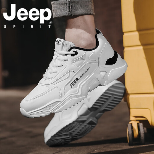JEEP SPIRIT吉普男鞋夏季2025新款休闲户外跑步运动鞋子男士增高厚底老爹鞋 白黑 42