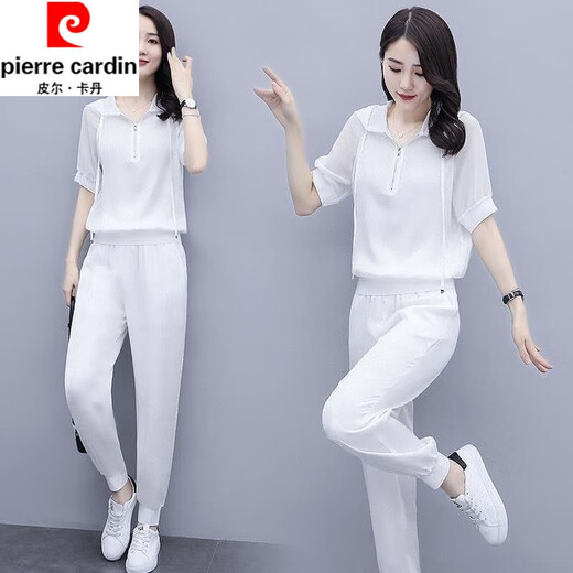 皮尔卡丹（pierre cardin）冰丝休闲套装女夏季新款宽松显瘦韩版气质减龄时尚洋气透气俩件装 白色套装CWK#757 XL 建议115-130斤