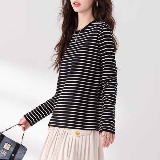 Yu Zhaolin cotton long-sleeved T-shirt for women spring and autumn loose casual versatile striped T-shirt for women fashion bottoming shirt Y141T2947