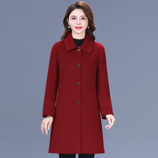 Missdaling middle-aged noble lady wool coat women's mid-length spring, autumn and winter new temperament mother's wear double-sided velvet coat burgundy XL