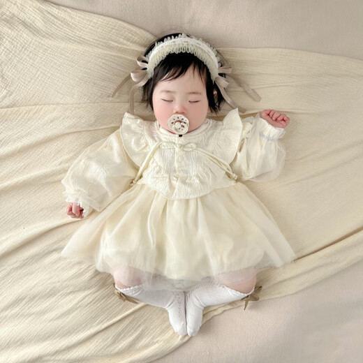 GOOFLORON baby girl's one-year-old dress, one-month-old baby princess dress for 0-6 months, one-year-old birthday dress, spring and autumn single-piece apricot-colored dress 66 cm