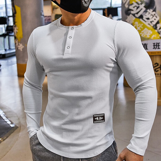 Lutielang fitness clothes men's long-sleeved sports T-shirt tights quick-drying elastic breathable training bottoming shirt autumn and winter white L