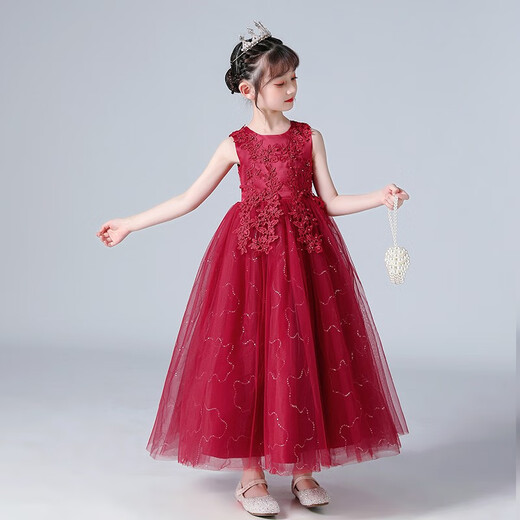 Dev Ake Children's Robe Girl Princess Jirt Host Host Deay Performance Performance Performance Night Robe Petit Girl Wedding Summer Big Boy Bx683 Bourgogne sans manches longues (recommandée 85-100jin [Jin est égal à 0,5 kg]))