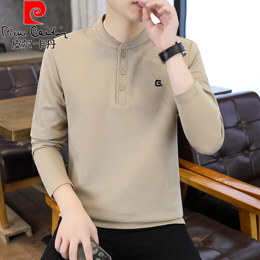 Pierre Cardin (pierre cardin) Chinese style Henry collar long-sleeved T-shirt men's spring autumn casual winter sweatshirt mature and stable bottoming POLO collar apricot regular 2XL 135-150Jin Jin is equal to about 0.5 kg