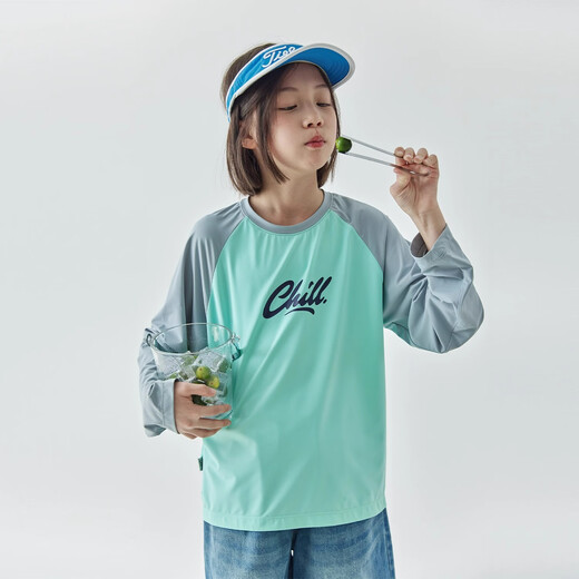 Kechu 24 summer new parent-child cool contrasting raglan sunscreen T-shirt UPF50+ children's round neck long-sleeved top navy blue and pink 165cm