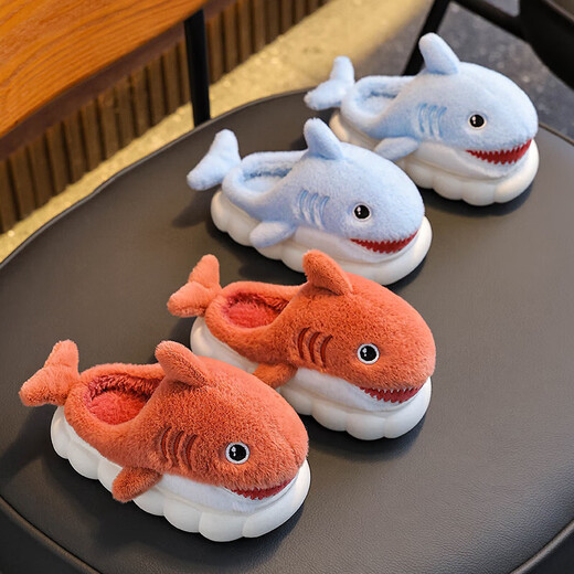 Winter children's cotton slippers, boy's shark bag heel, warm and furry, cute girl's home baby anti-slip cotton slippers, blue slippers 12, 28/29 size (shoe length 17CM, suitable for feet 16
