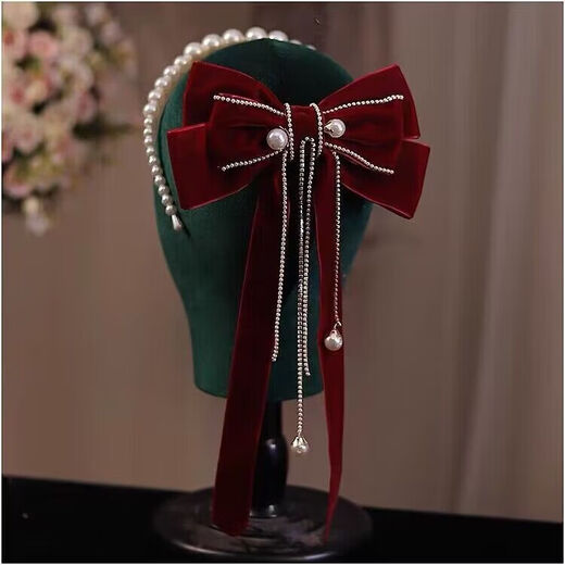 Meng Junchen Chinese style bridal toast dress wedding burgundy bow headdress velvet hairpin female festive velvet hairpin hairpin pearl long pendant velvet butterfly
