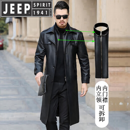 JEEP SPIRIT long knee-length leather jacket for men, down-lined leather windbreaker, winter jacket, sheepskin coat, genuine leather down jacket, plus fleece, detachable inner collar and inner placket, 5XL/200 size