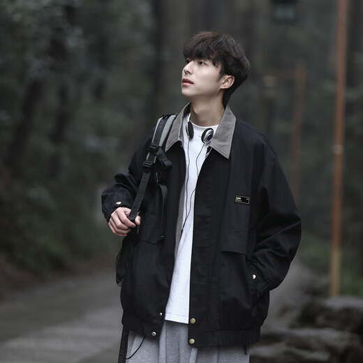 OEMG Japanese cityboy hunting lapel jacket men's spring, autumn and winter trendy baseball uniform workwear casual jacket black L recommended 110-125Jin Jin equals 0.5 kg