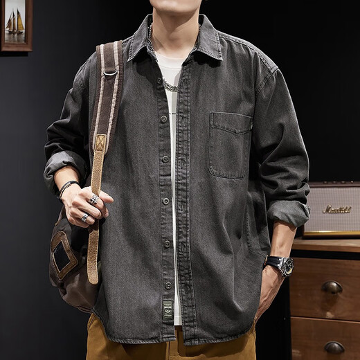 Lomon denim shirt men's autumn outdoor heavy work jacket spring and autumn American blue wear-resistant solid color top men Z723 black L
