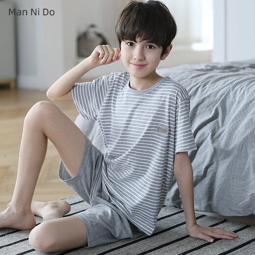 曼妮朵男童睡衣夏季新款短袖男孩纯棉儿童大童全棉薄款青少年家居服套装 N6621【双短】 165 L码建议160-165cm
