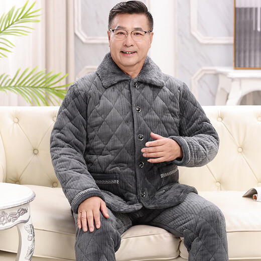 Xuanduoqi Pajamas hommes en hiver épaissis de corail épaissis en velours à trois couches papa de flanelle de coton de l'âge moyen et de vêtements de maison âgée C9903 # hommes gris noir [Velvet de lait] xxxl (165-200jin [Jin est égal à 0,5 kg])
