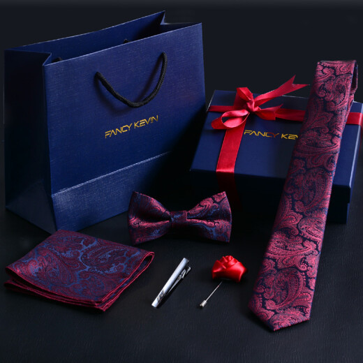 FANCYKEVIN men's tie tie tie clip five-piece gift box set wedding male groom holiday gift solid color pattern burgundy cashew flower