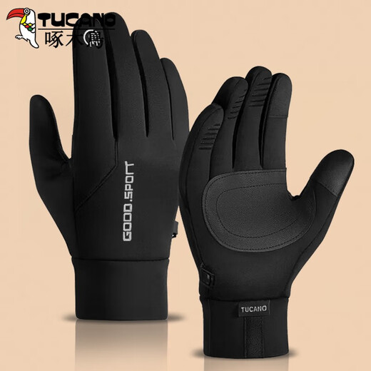 Woodpecker gloves men's winter warm windproof plus velvet sports winter cycling sports non-slip touch screen electric motorcycle riding black windproof plus velvet