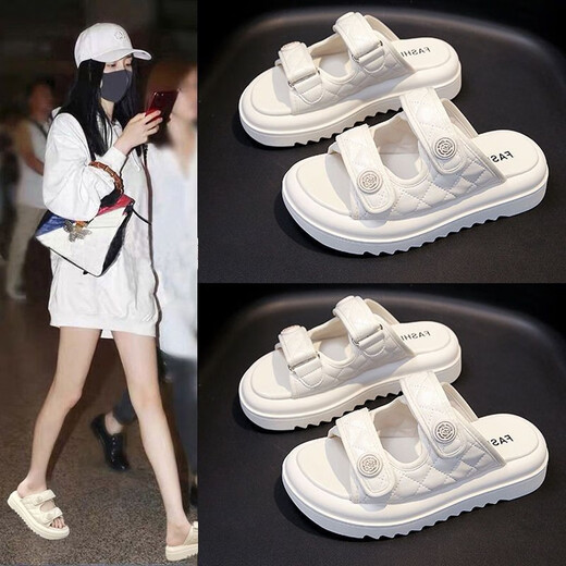 Guqian Sandals for Women 2025 Summer Wear Spea de playa de suela gruesa de alta gama para mujeres Velcro Sandalias de un botón para mujeres 6628 metros blancos 37 (235 mm)