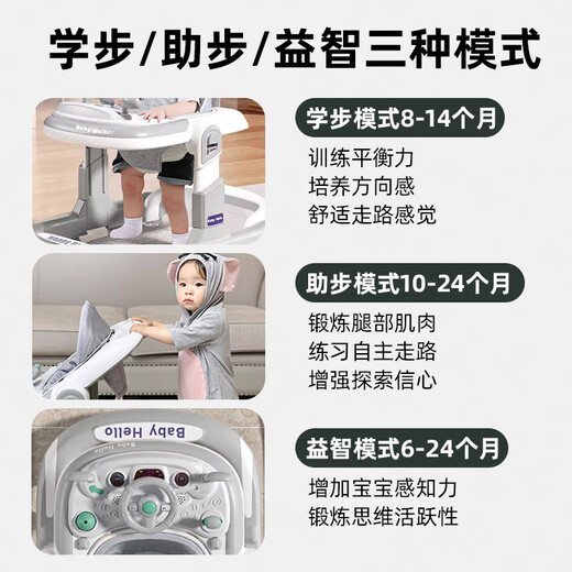 盟石学步车拒绝o型腿婴儿2024款多功能防侧翻宝宝小孩儿童助步手推车 云母灰【学步+助步+推把】旗舰款 7个月以上/可折叠/拒绝O型腿