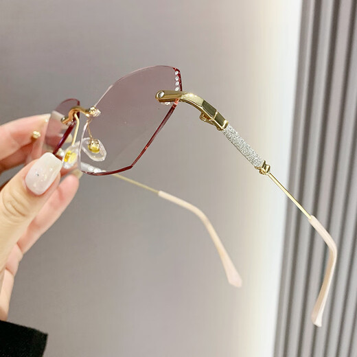 辛镜色2025新款女士镶钻无框切边老花眼镜渐进粉色防蓝光老花镜 金框 +100度