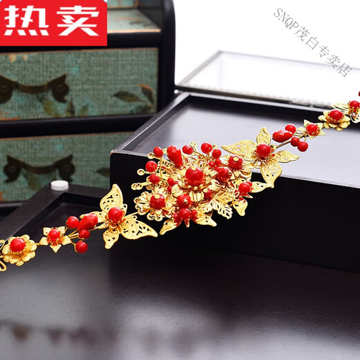 SNQP新款中式新娘头饰古典凤冠步摇套装结婚秀禾服配饰流苏古装发饰 新款红色发饰（耳夹款）