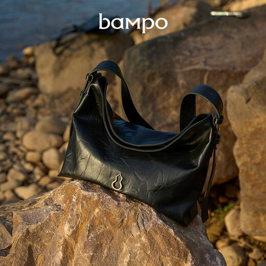 Banpo Decoration Family (bampo) medium cotton bag hobo tote bag first layer cowhide large capacity shoulder crossbody bag soft bag gift girlfriend ink black (medium upgraded zipper version)