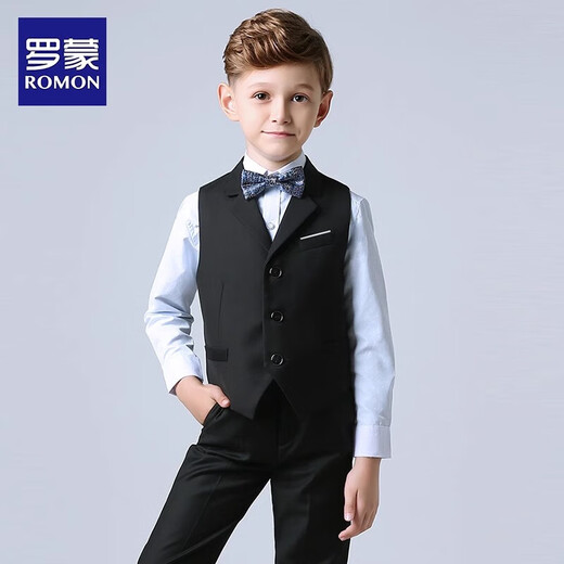 Romon children's suit boys dress flower girl vest suit host wedding piano graduation performance Navy 140