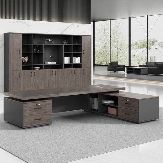 Dilin boss desk desk supervisor manager desk simple modern office furniture leadership table and chair combination single executive desk ebony wood with iron gray (long cabinet on the right) 2 meters including double side cabinets + chairs + 2.4 meters bookcase