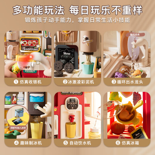 翎喏【德国精工】厨房过家家玩具女孩大号厨房真煮2-3岁超市食玩做饭 80cm豪华版80件【出水/蒸汽/声光】-树莓红