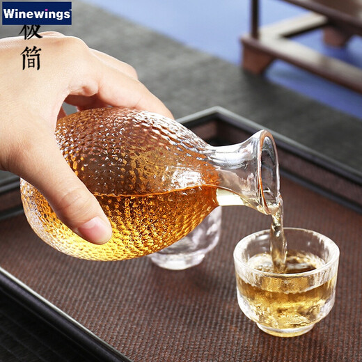 WINEWINGS Japanese-style hammered wine warmer glass hot wine jug ice wine sake jug household wine divider yellow wine white wine cup one or two small wine glasses set wine warmer + 4 wine glasses + wine warmer 6-piece set without tray
