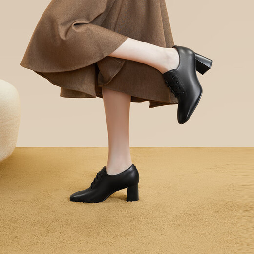 Qianbaidu Sheepskin Small Ankle Boots Autumn New Fashion Shoes Women's Short Boots Commuting Genuine Leather High Heels Thick Heels Black 37