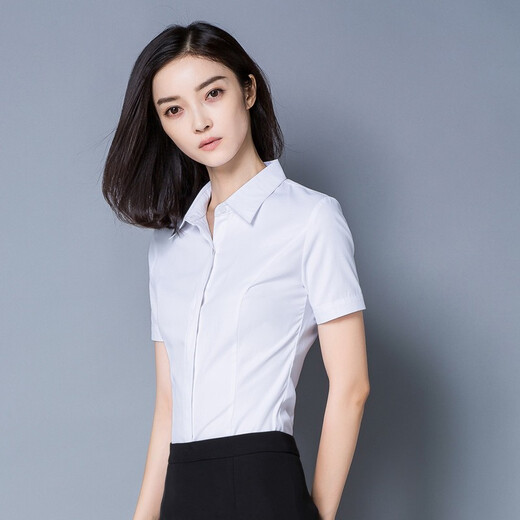 瑧鸟夏季修身短袖女白衬衫大学生面试通勤职业正装暗扣衬衣687 白色 2XL