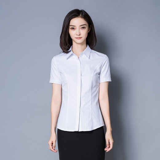瑧鸟夏季修身短袖女白衬衫大学生面试通勤职业正装暗扣衬衣687 白色 2XL