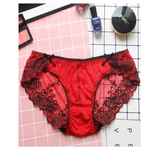 Bessiemo sexy underwear lace women's see-through low-waist briefs hollow mesh fabric seamless women's embroidered underwear rose red + egg weight 100-120Jin [Jin equals 0.5 kg]
