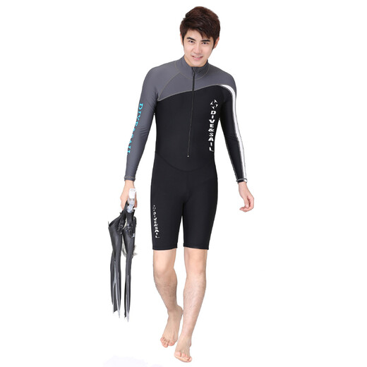 DIVE&SAIL 1.5 mm thickened winter swimsuit, warm diving and snorkeling suit, short-sleeved one-piece snorkeling suit, jellyfish suit 606 short-sleeved blue 2XL