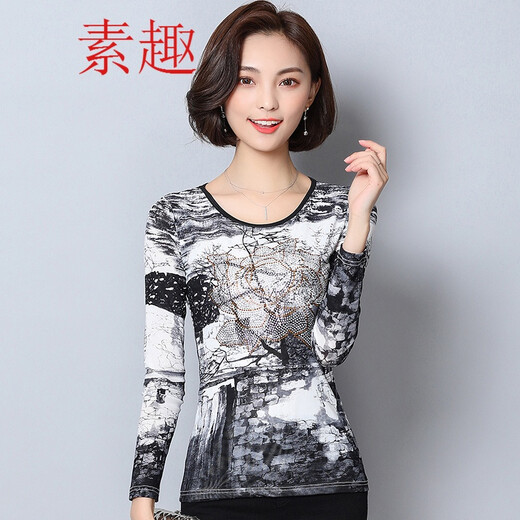 Simple autumn and winter mesh bottoming shirt, Korean style low-necked top for women, long-sleeved, slim-fitting, stretch plus velvet fat mm printed T-shirt, round neck landscape flower (thin section) 5XL