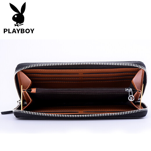 Playboy (Playboy) Menora de billetera para hombres Top Cow Wide Cowhide Long Zipper Bag Long Capacidad Posición de múltiples tarjetas Classic Black [Modelo clásico]