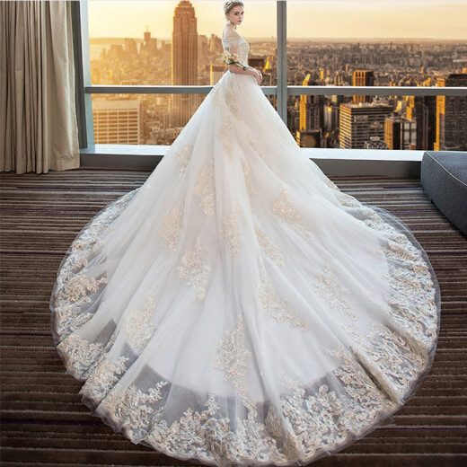 One-shoulder wedding dress bride with tail princess dream 2020 new autumn and winter slimming European and American palace long tail wedding dress lace hand-embroidered custom tail M