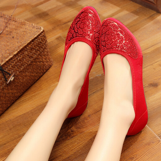 
P.I.R Comfortable Work Shoes Cloth Shoes Non-Slip Soft Sole Mother Shoes Fashion Women's Shoes Casual Flat Sole Glossy Diamond Women's Single Shoes Light Color TS9711 34 Standard Number