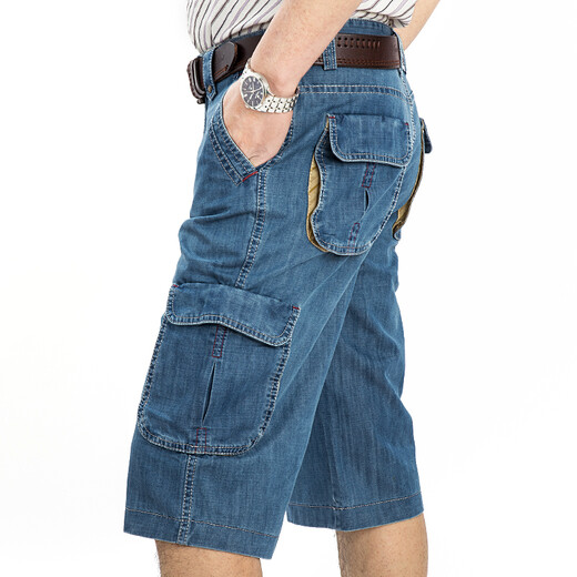 JEEP SPIRIT Jeep Casual Denim Shorts Men's Straight Loose Summer Cropped Pants Multi-Pocket Working Mid-Pants 753 Light Blue 753 Size 31 Size 2ft 3