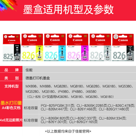 佳能pgi825pgbk黑色墨盒cli826彩色墨盒825原装墨盒 ix6580 mg6180打印机 大黑原装墨盒19ml