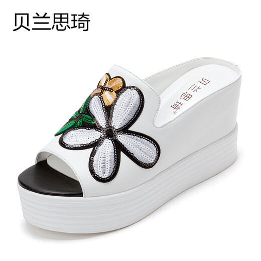 Belan Siqi Summer Cow Wide Flowers, zapatillas de tacón de suela gruesa, sandalias de tacón alto, plataforma impermeable Bots de pescado zapatos para mujeres 7L753 White 35