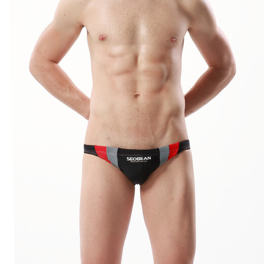Hibbing (SEOBEAN) SEOBEAN Hibbing men's swimming briefs, color-blocked low-waist sexy swimming trunks, men's professional swimsuit for hot springs, black XL