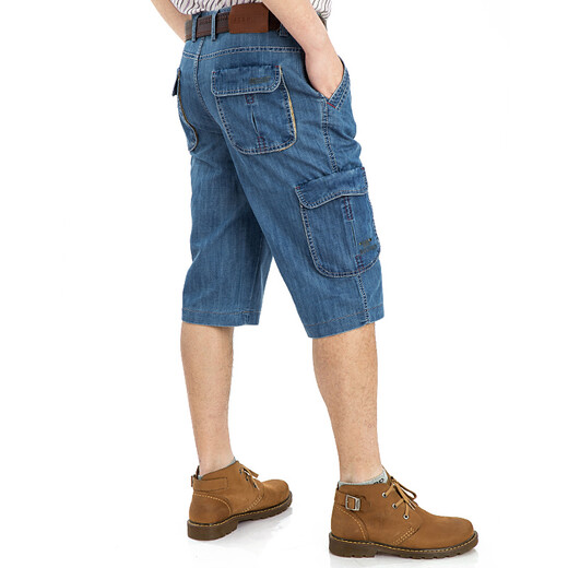 JEEP SPIRIT Jeep Casual Denim Shorts Men's Straight Loose Summer Cropped Pants Multi-Pocket Working Mid-Pants 753 Light Blue 753 Size 31 Size 2ft 3