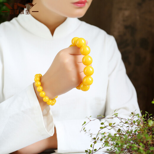 Jing Yuxiang beeswax bracelet natural old honey chicken oil yellow full honey amber bracelet men's single circle women's round barrel Buddha beads without optimization 15.5mm diameter 15-