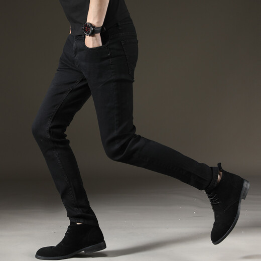 TEDELON jeans men's solid color elastic slim fit small feet comfortable cool men's denim trousers T82410 black 32