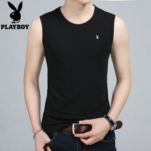 Playboy Solid Color Cotton Vest Men's Trendy Sleeveless T-Shirt Round Neck Vest Bottoming Shirt 2020 Summer New Men's Clothing Black 175/XL