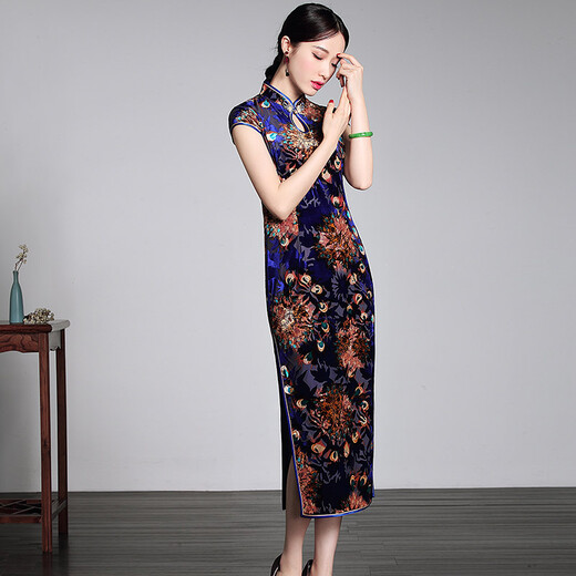 Xiyue new summer style traditional long drop collar slim fit velvet burnout velvet banquet cheongsam dress for women New Year blue L (weight 105~115)