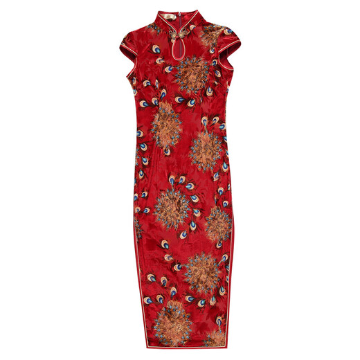 Xiyue new summer style traditional long drop collar slim fit velvet burnout velvet banquet cheongsam dress for women New Year blue L (weight 105~115)